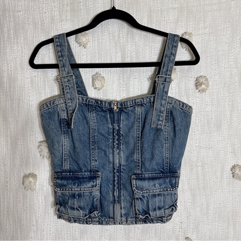 Zara Blue Denim Crop Top with Front Pockets